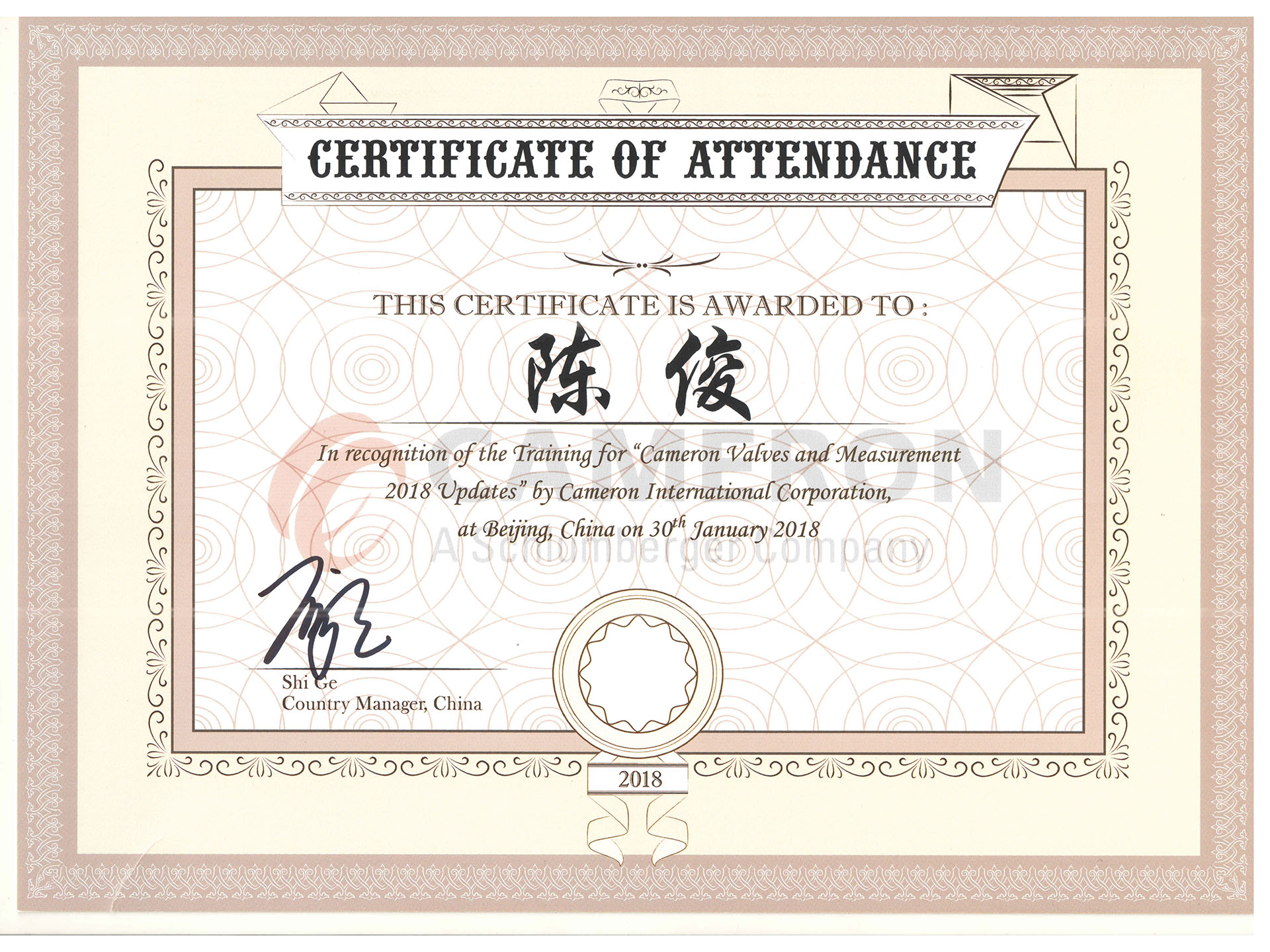 Chen Jun cameron certificate 180305